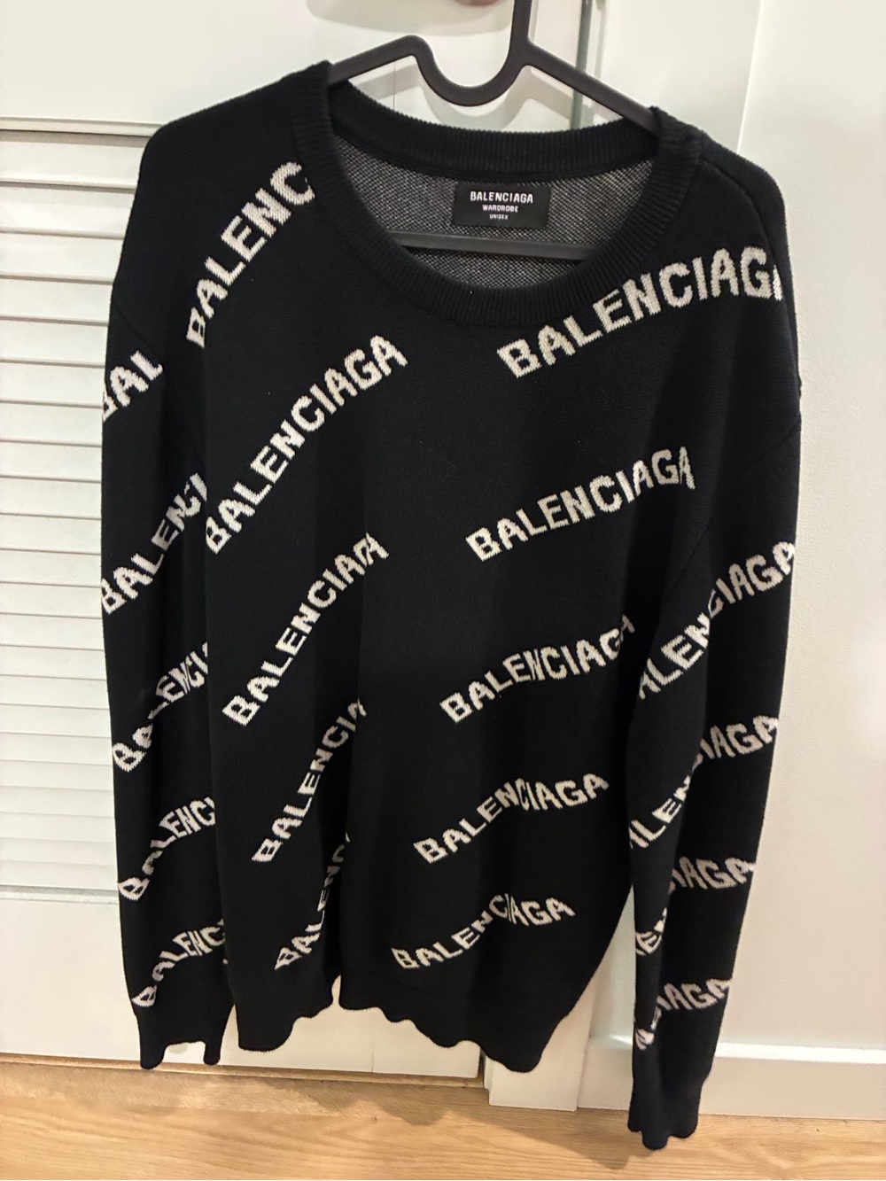 Balenciaga Black Crewneck Sweater with White All-Over Logo